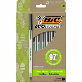BIC Ecolutions Round Stic Ball Point Pen - Black Ink 1mm Medium - 10 Pack - Pens