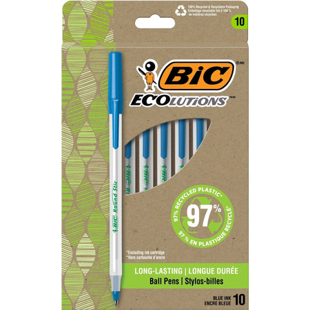 BIC Ecolutions Round Stic Ball Point Pen - Blue Ink 1mm - 10 Pack - Pens