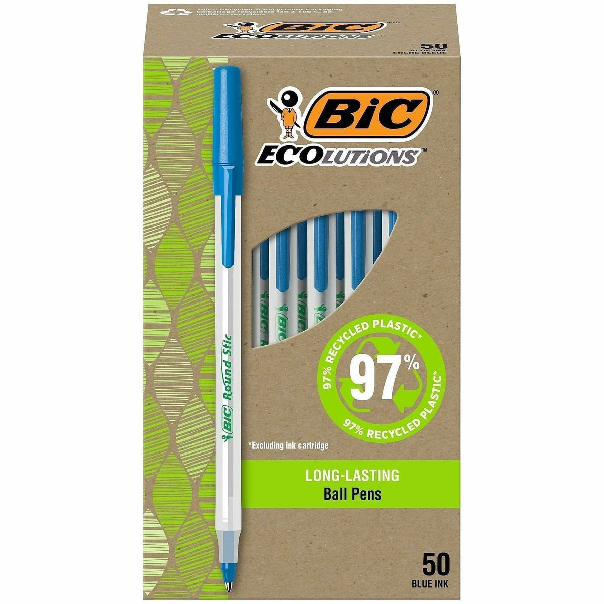 BIC Ecolutions Round Stic Ball Point Pen - Blue Ink 1mm - 50/Box - Pens
