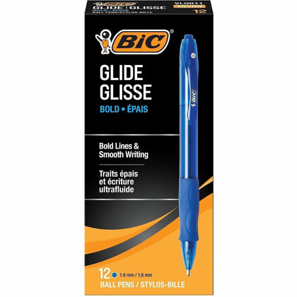 BIC Glide Bold Pen: 1.6mm Conical Point Refillable Retractable - Blue Ink - 1 Dozen - Pens