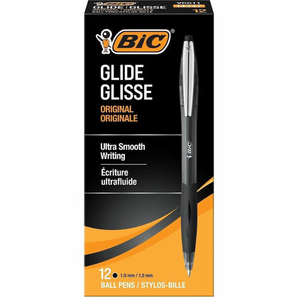 BIC Glide Retractable Pens: 1mm Medium Point Black Ink - 1 Dozen - Pens