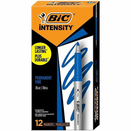 BIC Intensity Fine Blue Permanent Markers - Silver Barrel - 1 Dozen - & Dry-Erase