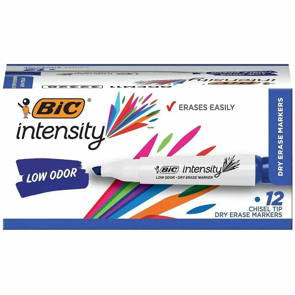 BIC Intensity Low Odor Dry Erase Markers - Blue Ink - Chisel Tip - 12 Pack - & Dry-Erase