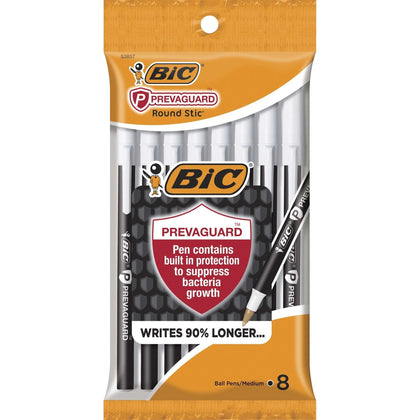 BIC PrevaGuard Round Stic Ballpoint Pen - Black Ink - 8 Pack - Pens