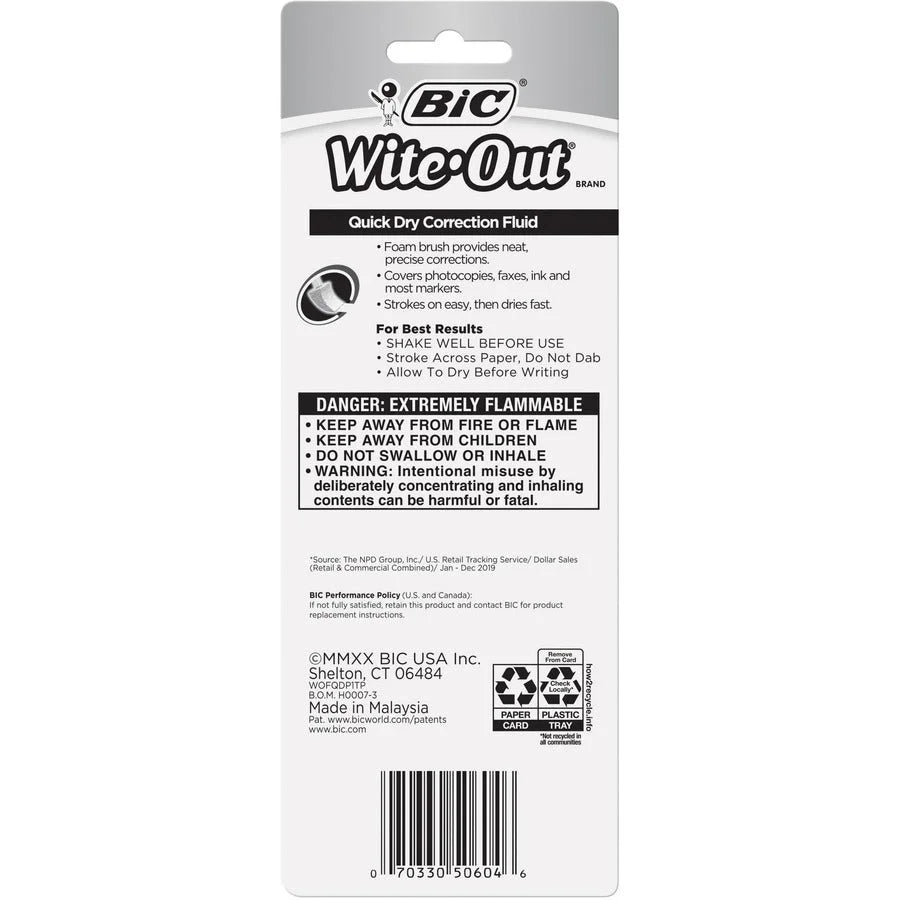 BIC Quick Dry Correction Fluid: Foam Brush Applicator 20 mL - White Drying - 1/Pack - Supplies