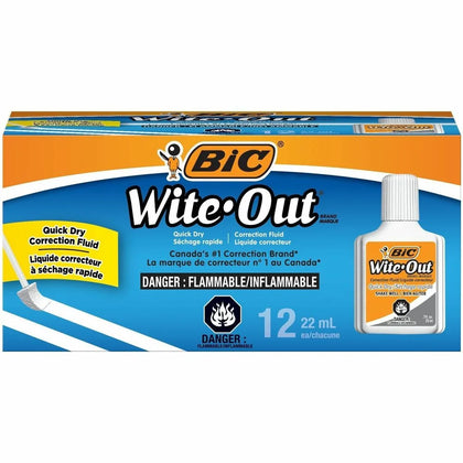 BIC Quick Dry Correction Fluid: Foam Brush Applicator 20 mL White - Pack of 12 - Supplies