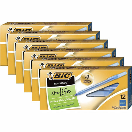 BIC Round Stic Ballpoint Pens: Blue Ink Medium Point - 6 Pens Bundle