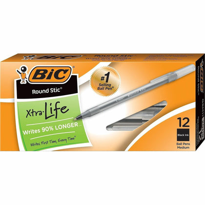 BIC Round Stic Ballpoint Pens: Medium Point Black Ink - 12/Box - Pens