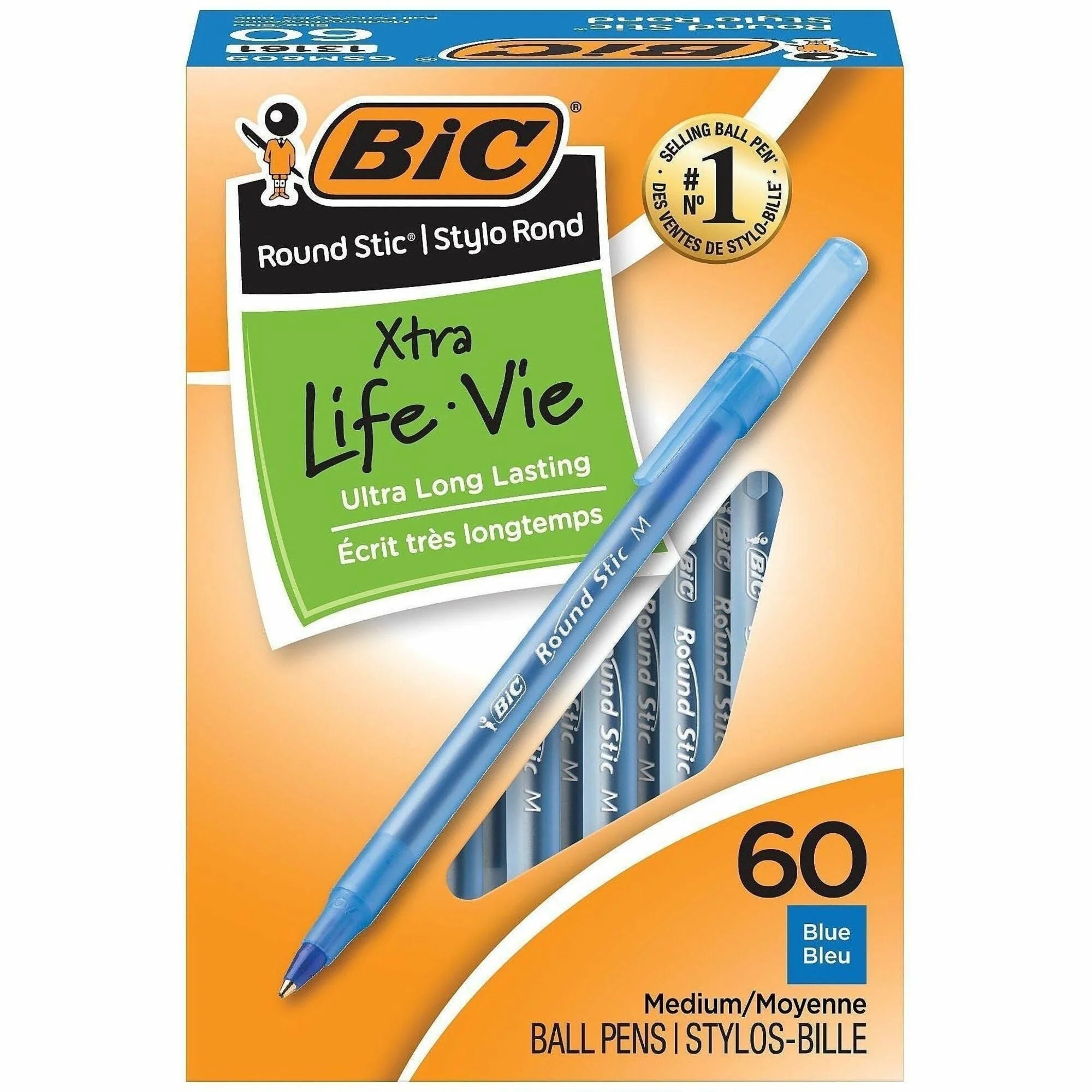 BIC Round Stic Ballpoint Pens: Medium Point Blue Ink - 60/Box - Pens