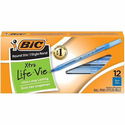 BIC Round Stic Ballpoint Pens: Medium Point Blue Ink Barrel - Pens