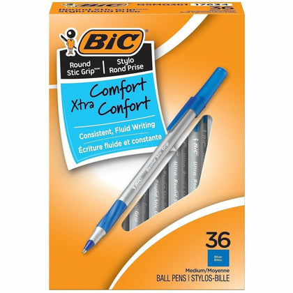 BIC Round Stic Grip Ballpoint Pen: Blue Ink 1.2mm Medium Point - 36/Box - Pens