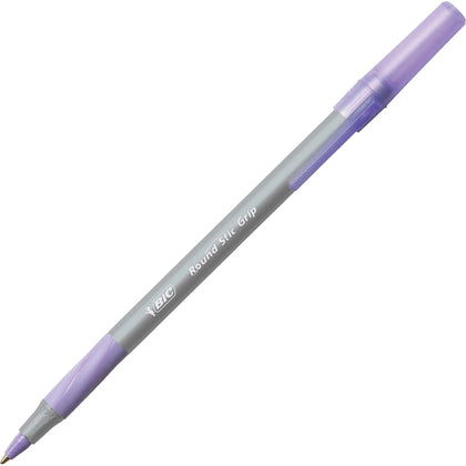 BIC Round Stic Grip Ballpoint Pen: Purple Ink Frost Barrel - 1 Dozen - Pens