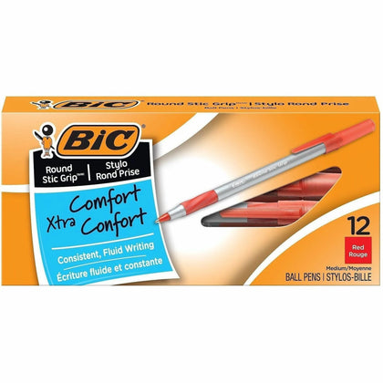 BIC Round Stic Grip Ballpoint Pen: Red Ink Medium Point - 12/Box - Pens