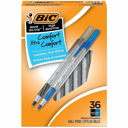BIC Round Stic Grip Xtra-Comfort Ball Point Pens - Assorted Ink - 36/Box