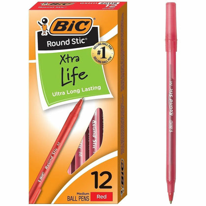 BIC Round Stic Red Ballpoint Pens - Medium Point - 1 Dozen