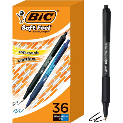 BIC Soft Feel Retractable Ball Point Pens - Smooth Medium Assorted Ink - 36/Box