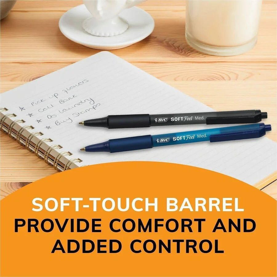BIC SoftFeel Retractable Ball Pens: Medium Point Black Ink - 1 Dozen - Pens