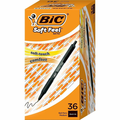 BIC SoftFeel Retractable Ball Pens - Smooth 1mm Medium Point - Black Ink - 36/Box