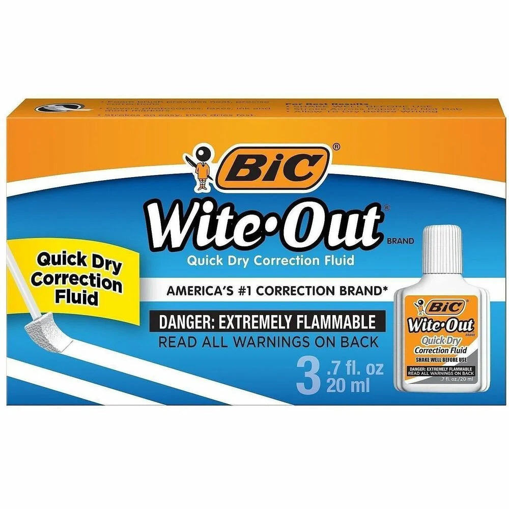 BIC Wite-Out Quick Dry Correction Fluid - Foam Wedge Applicator - 20 mL - White - 3 / Pack - Supplies