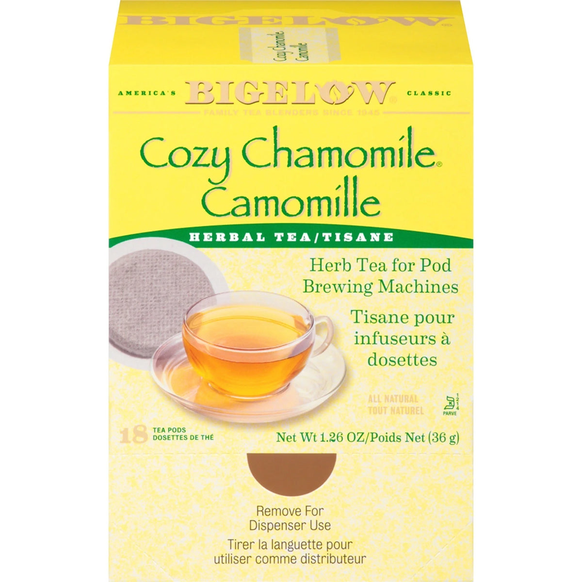 Bigelow Cozy Chamomile Herbal Tea Pod - 1.9 oz - GMO Free - Kosher - 18 / Box