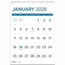 Blueline Large Print Wall Calendar 2026 English 12-month 1-page/month 12’’x17’’ twin-wire wall-mount light blue