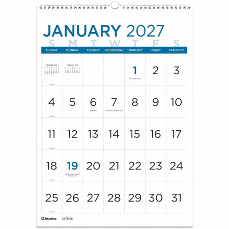 Blueline 2027 12-Month Large Print Monthly Wall Calendar - 2000