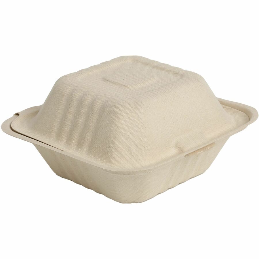 BluTable 21 oz Portable Clamshell Containers - Food Storage - Natural - Molded Fiber Sugarcane Body - 500 / Carton