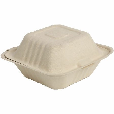 BluTable 21 oz Portable Clamshell Containers - Food Storage - Natural - Molded Fiber Sugarcane Body - 500 / Carton