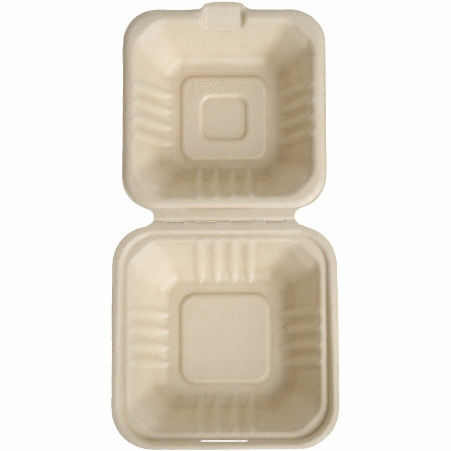 BluTable 21 oz Portable Clamshell Containers - Food Storage - Natural - Molded Fiber Sugarcane Body - 500 / Carton