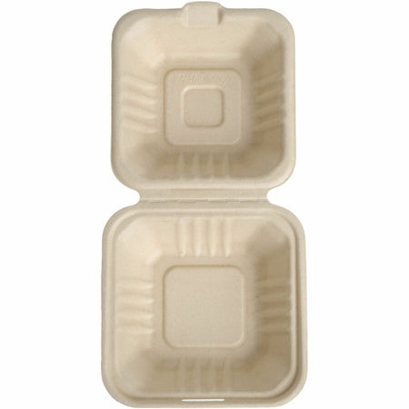 BluTable 21 oz Portable Clamshell Containers - Food Storage - Natural - Molded Fiber Sugarcane Body - 500 / Carton