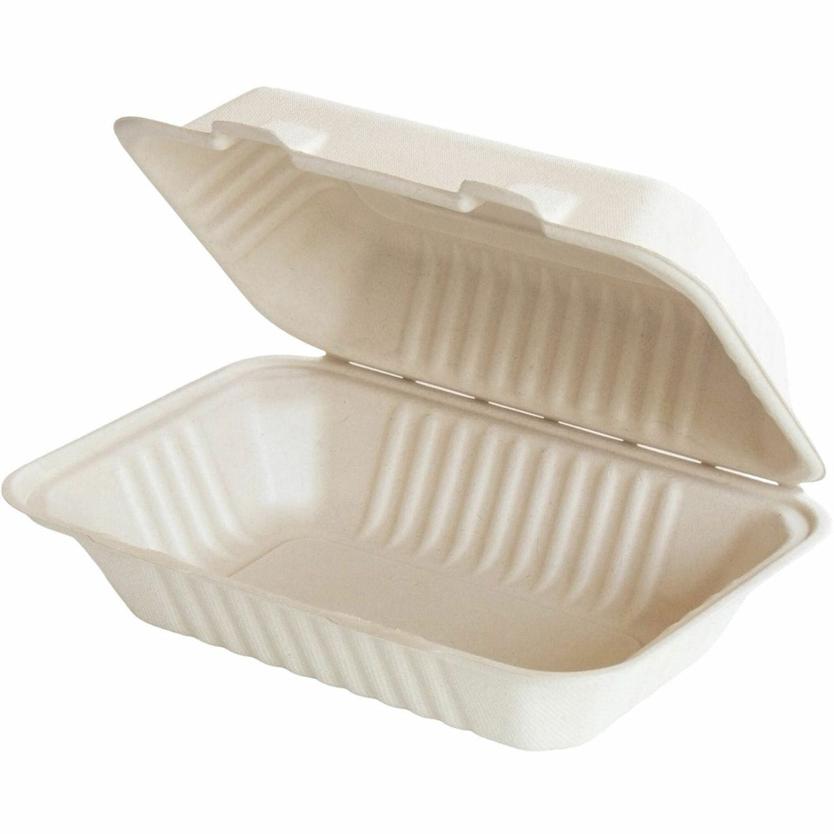 BluTable 27 oz Portable Clamshell Containers - Food - Natural - Molded Fiber Sugarcane Body - 250 / Carton - Storage