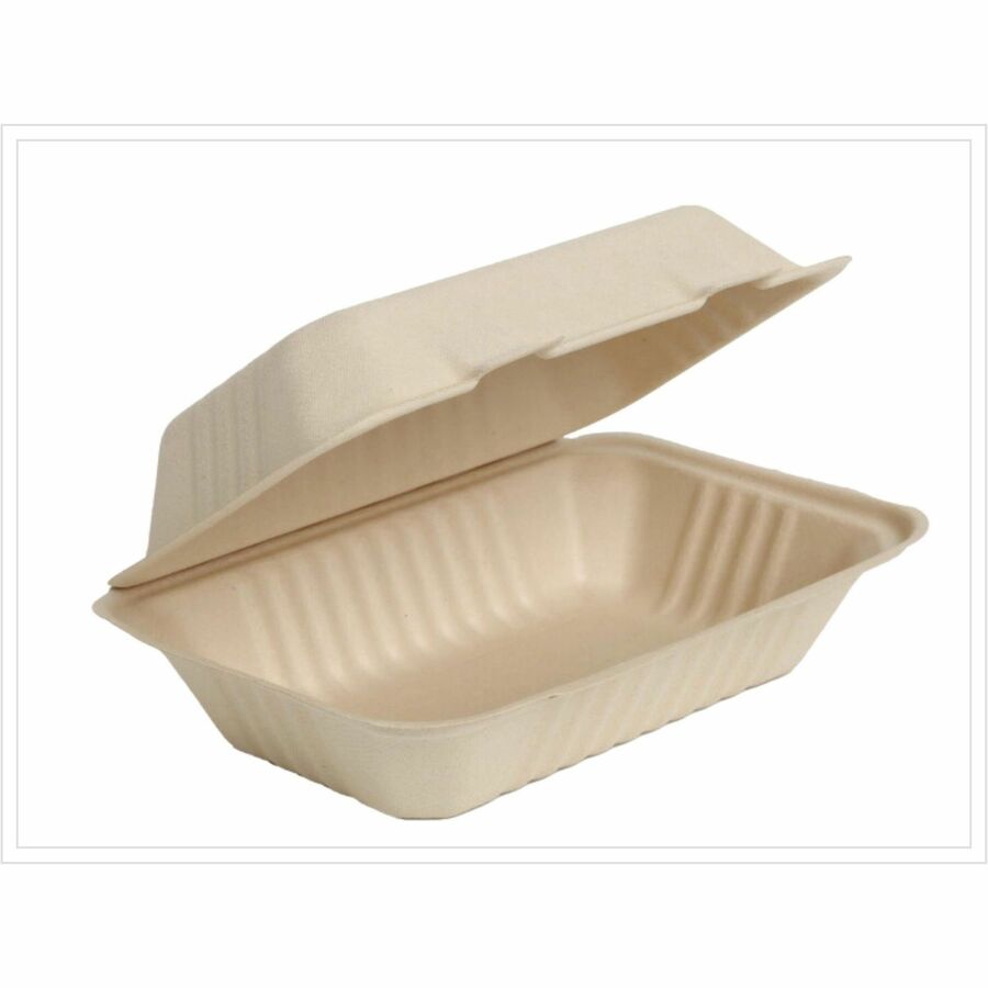 BluTable 27 oz Portable Clamshell Containers - Food - Natural - Molded Fiber Sugarcane Body - 250 / Carton - Storage