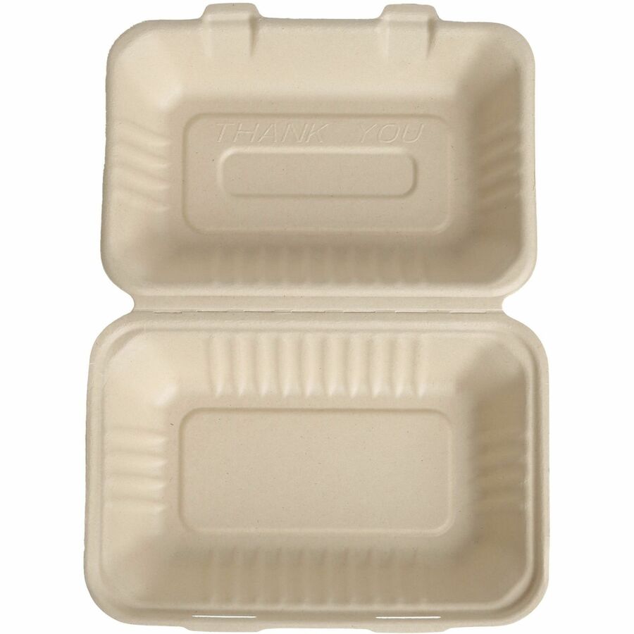 BluTable 27 oz Portable Clamshell Containers - Food - Natural - Molded Fiber Sugarcane Body - 250 / Carton - Storage