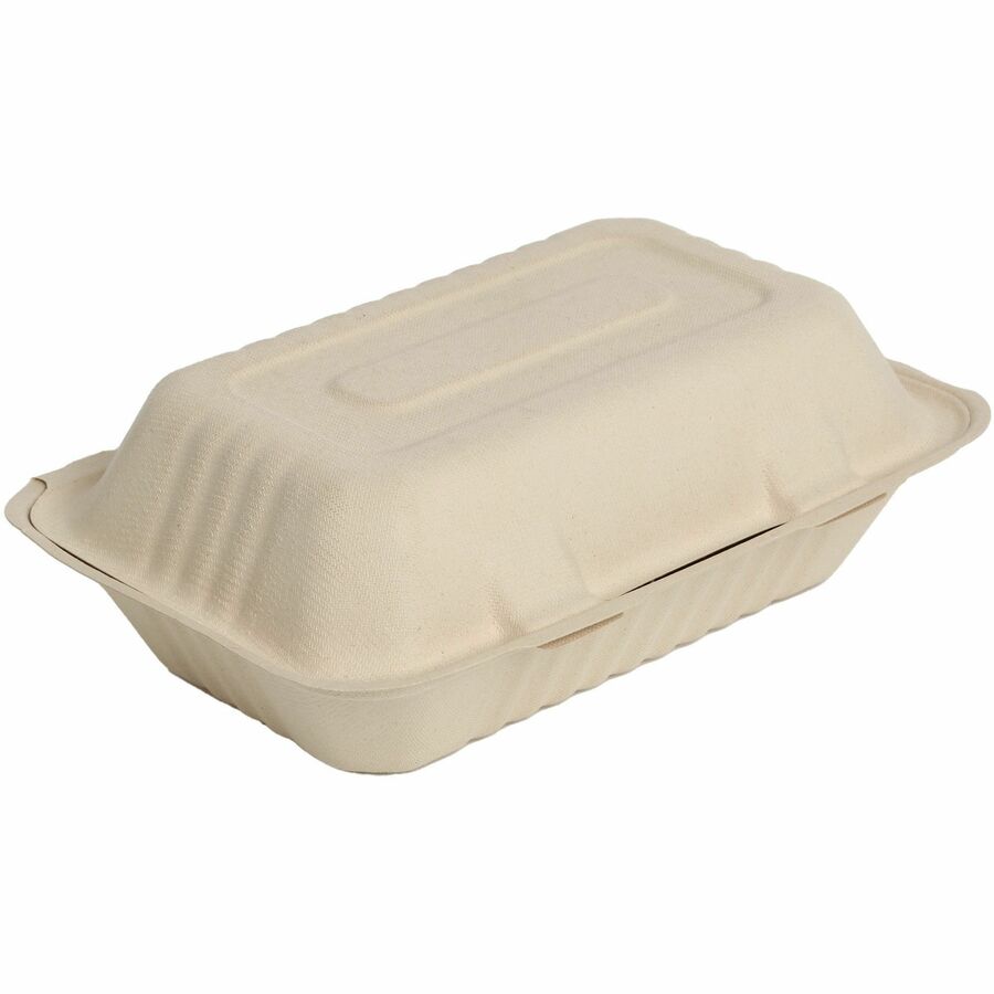 BluTable 27 oz Portable Clamshell Containers - Food - Natural - Molded Fiber Sugarcane Body - 250 / Carton - Storage