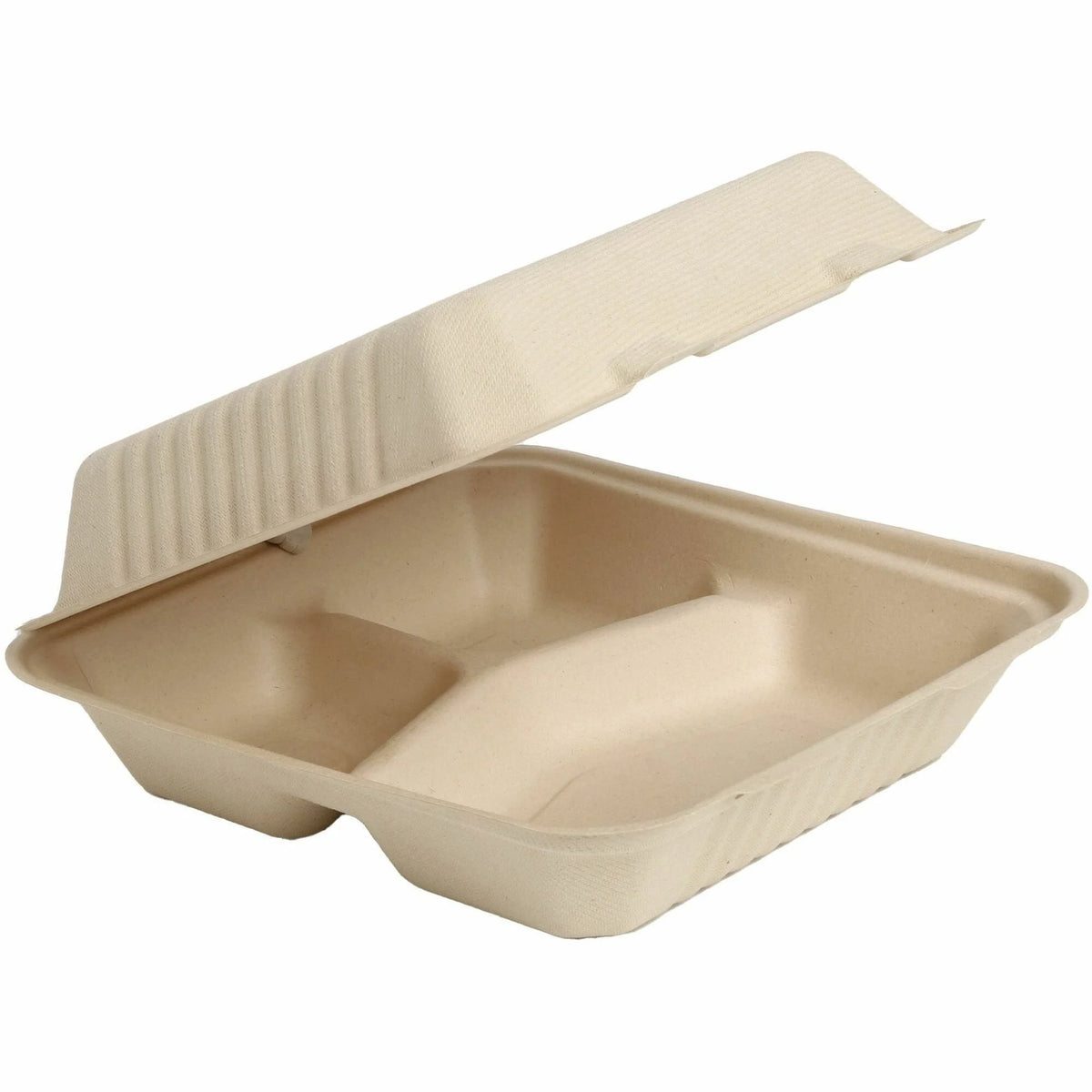 BluTable 39 oz 3-Compartment Portable Clamshell Containers Natural 200 / Carton Food Molded Fiber Sugarcane Body