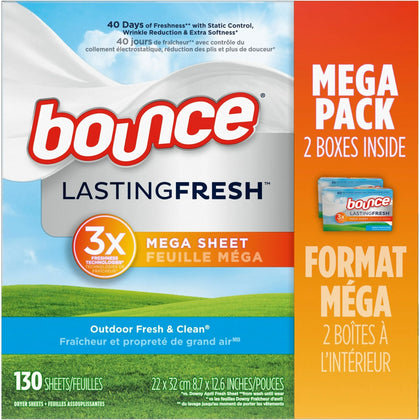 Bounce Mega Dryer Sheets: Outdoor Fresh Scent - 65 Sheets/Box - 2 Packs - Laundry Cleaning & Supplies