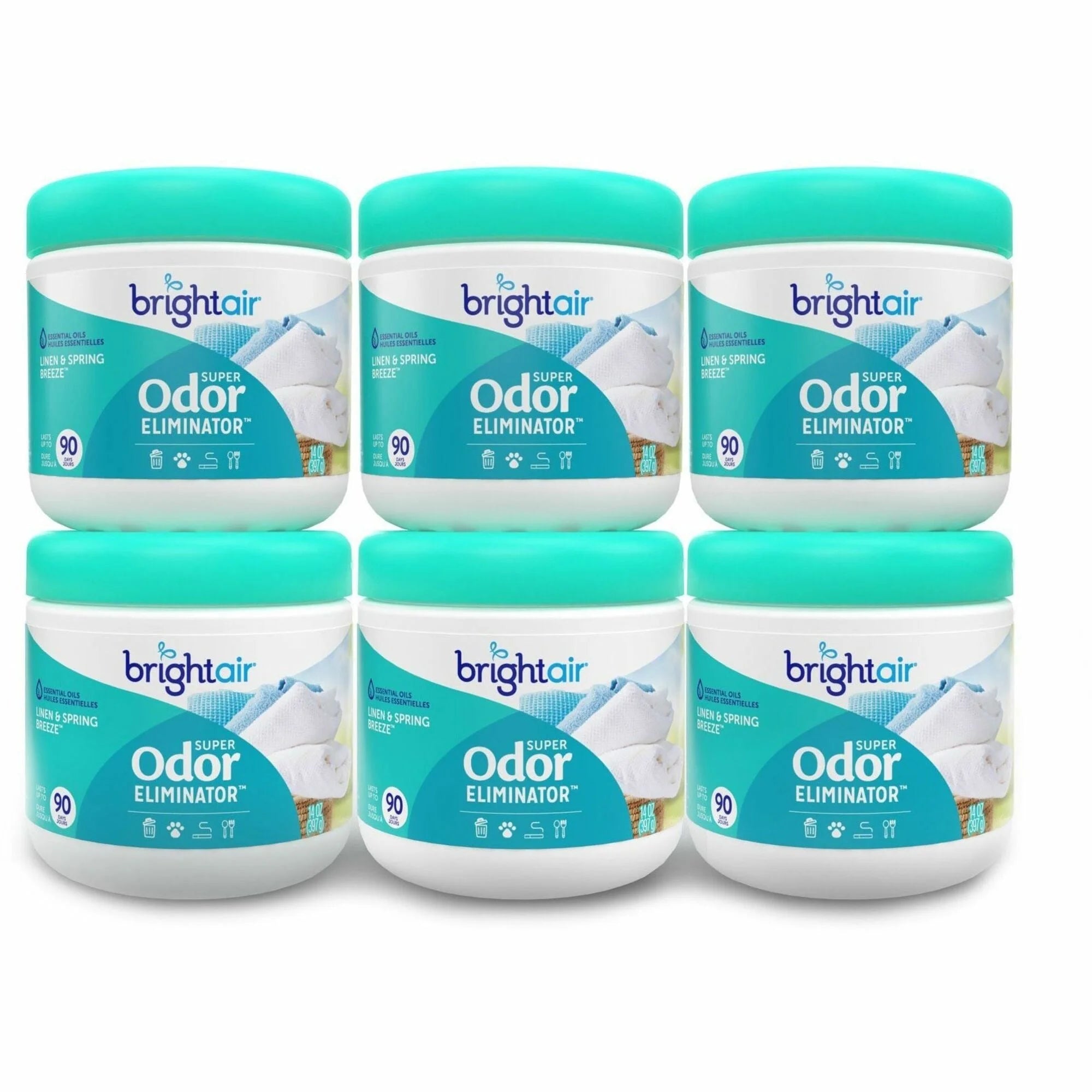 Bright Air Super Odor Eliminator: Linen & Spring Breeze - 14 fl oz - 90 Day - 6/Carton - Fresheners