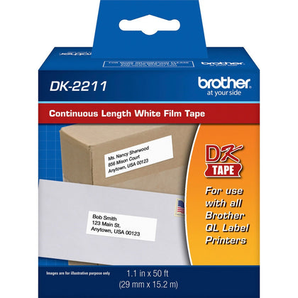 Brother DK Continuous Length White Film Tape - 1.14’’ x 50 ft - Removable Adhesive - Label Maker Supplies