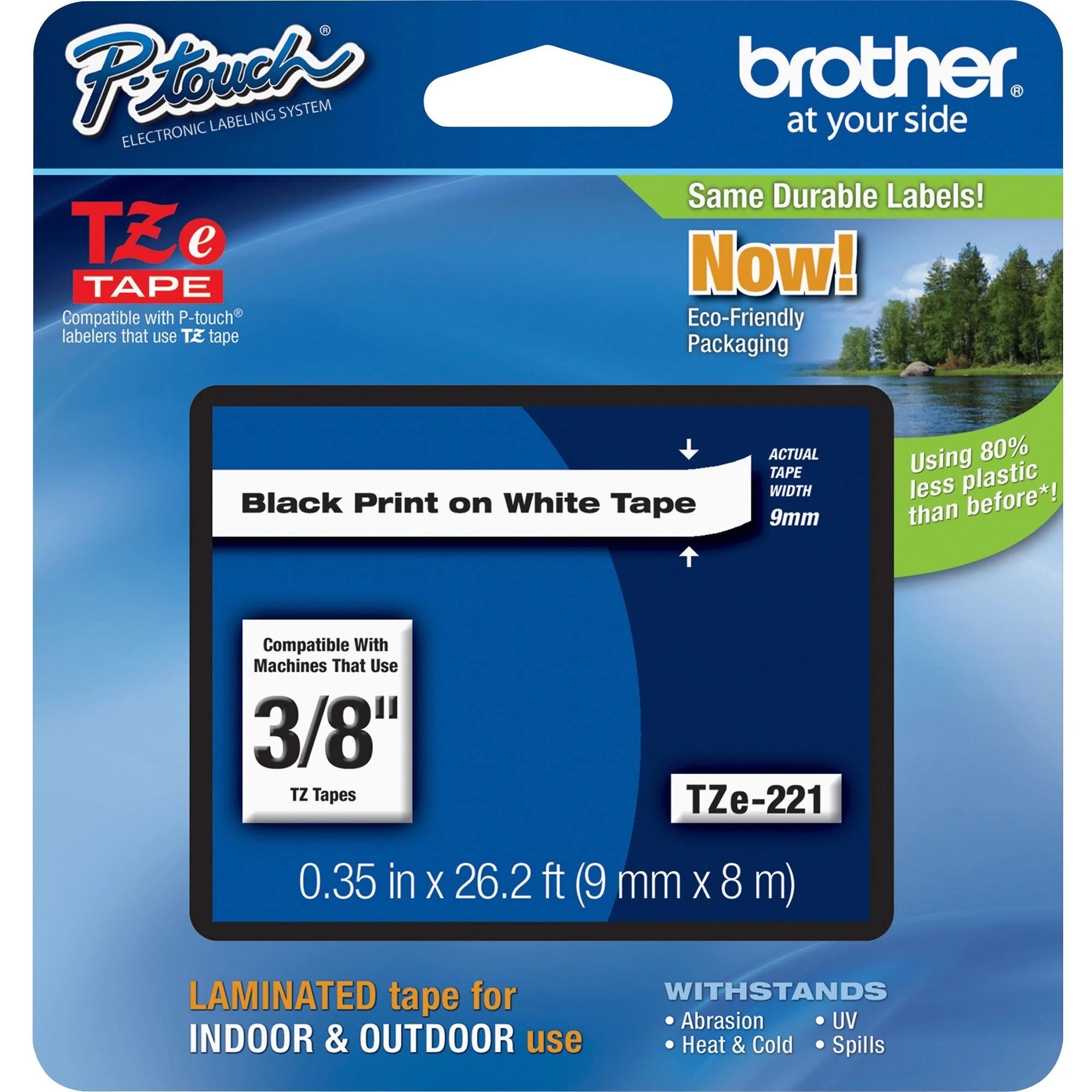Brother TZe 3/8’’ White Laminated Tape Cartridge - Water Grease & Temperature Resistant - Label Maker Supplies
