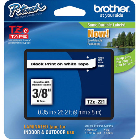 Brother TZe 3/8’’ White Laminated Tape Cartridge - Water Grease & Temperature Resistant - Label Maker Supplies