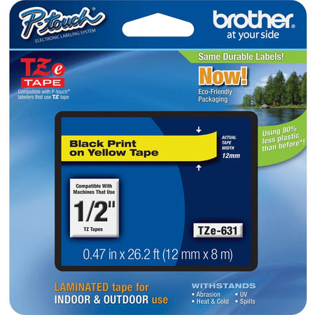 Brother TZe Yellow Laminated Tape Cartridge - 1/2’’ Width - Water Grease & Grime Resistant - Label Maker Supplies