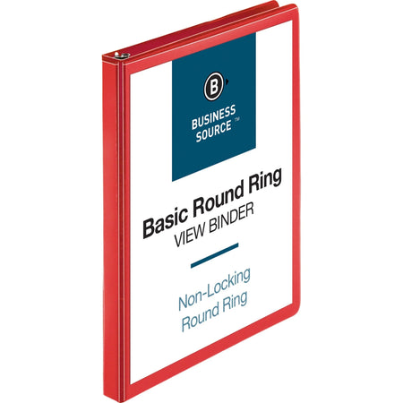 Business Source 1/2’’ Round Ring Binder - Red Clear Overlay - 2 Internal Pockets - Presentation / View Binders