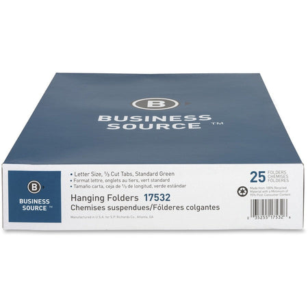 Business Source 1/3 Tab Cut Letter Recycled Hanging Folder - Front