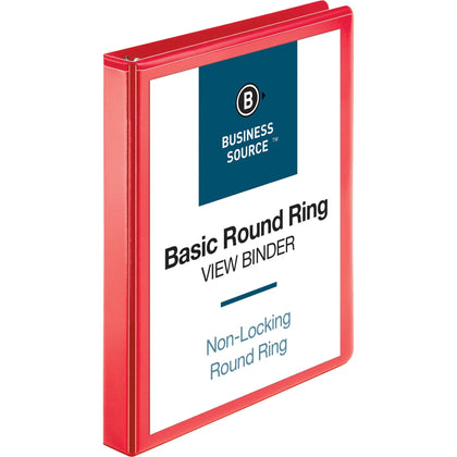 Business Source 1’’ Round Ring Binder - Red Clear Overlay - Internal Pockets - 1 Each - Presentation / View Binders