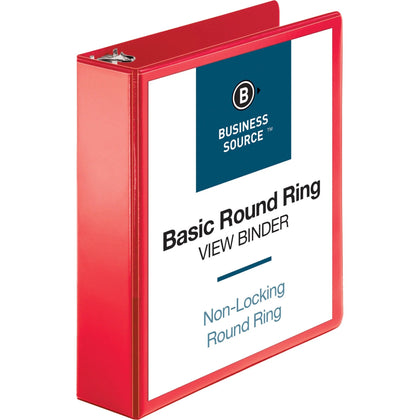 Business Source 2’’ Round Ring Binder - Red Clear Overlay - Internal Pockets - Presentation / View Binders
