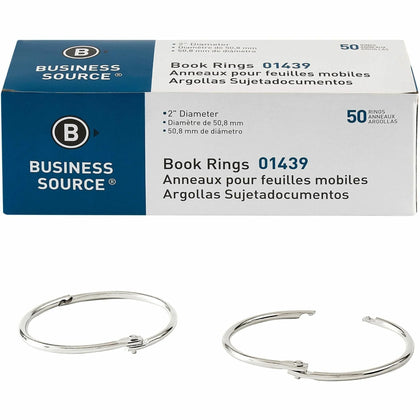 Business Source 2’’ Standard Book Rings - Silver Nickel Plated - 50/Box - Binder / Bulldog Clips