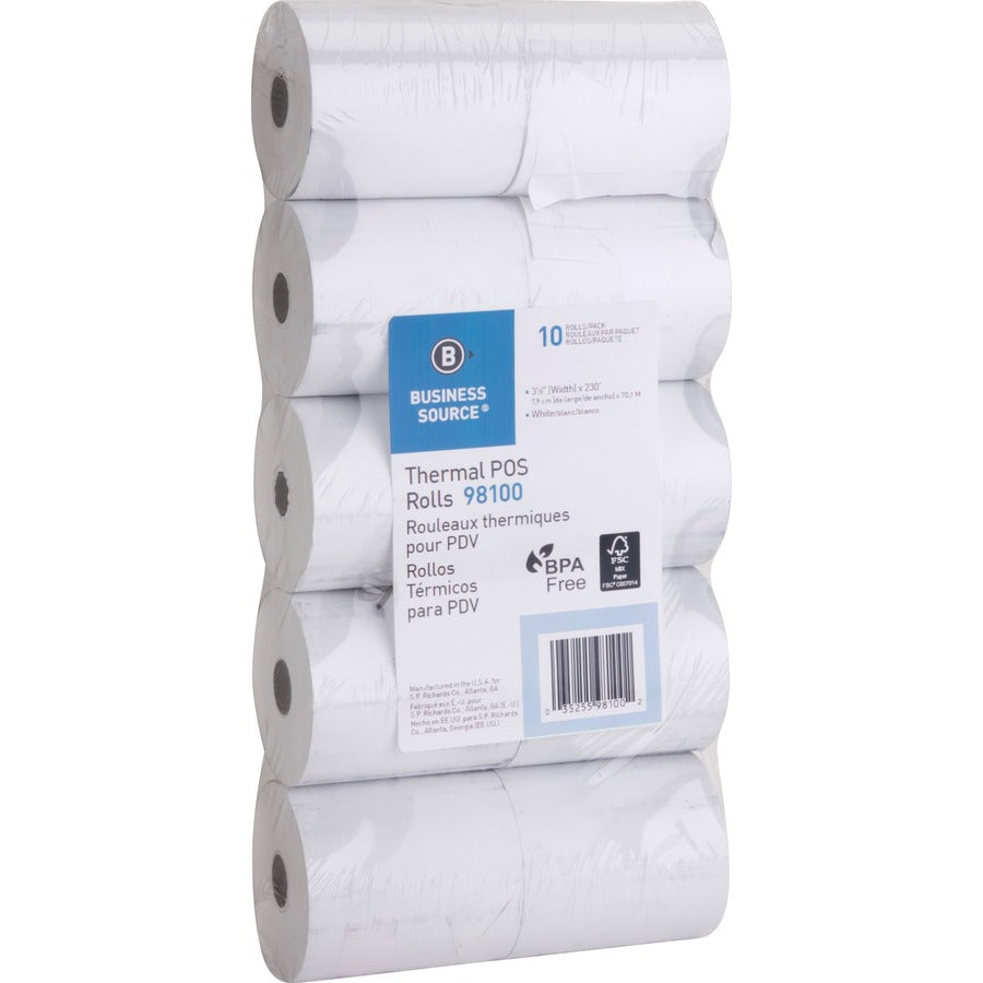 Business Source 3-1/8’’x230’ POS Receipt Thermal Rolls - 3 1/8’’ x 230 ft - 48 g/m² Grammage - White - 10 / Pack