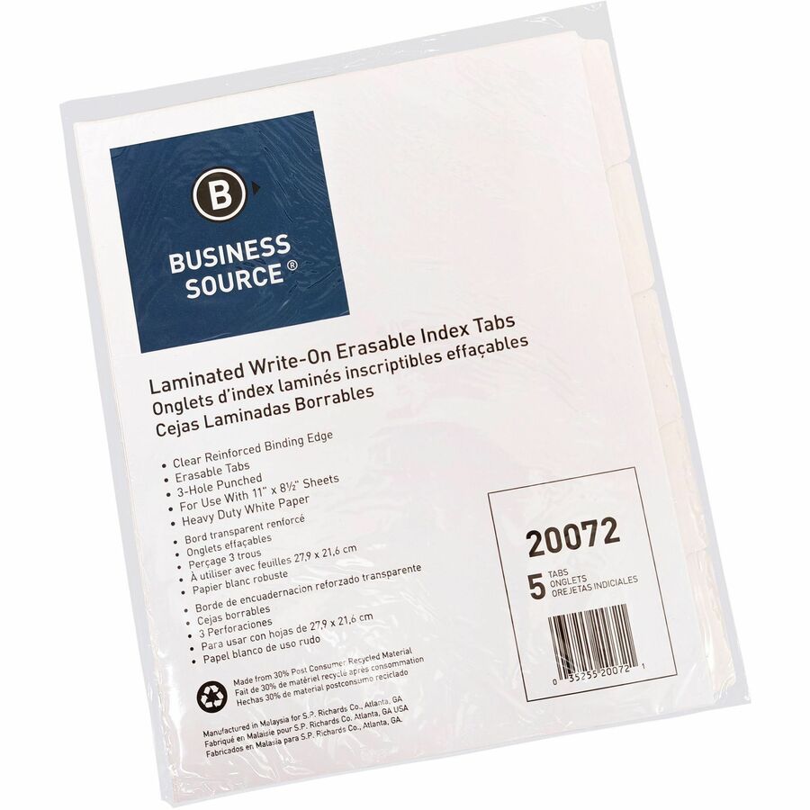 Business Source 3-Ring 5-Tab Erasable Tab Indexes - Left
