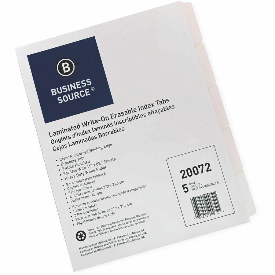 Business Source 3-Ring 5-Tab Erasable Tab Indexes - Right
