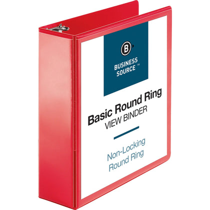 Business Source 3’’ Round Ring Binder - Red Clear Overlay - Internal Pockets - 1 Each - Presentation / View Binders